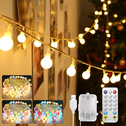 OMIKA Cadena de luces de 100 LED de 33 pies, cambio de color, alimentadas por batería, impermeables, luces de hadas blancas cálidas y multicolor,