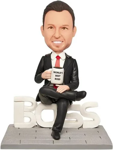 Figura de cabeza de bobble personalizada, empleador masculino en traje negro, cabeza de bobble personalizada, figuras de cabeza de bobble, escultura
