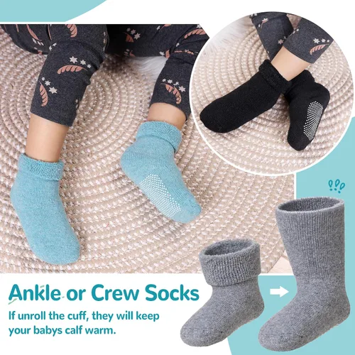 Miniatura 3 de 6 pares de calcetines antideslizantes para bebés, niños y niñas, calcetines cálidos de lana gruesa y suave con empuñaduras