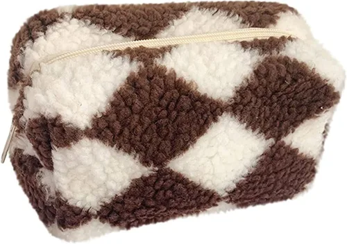 Bolsa de Maquillaje a Cuadros de Felpa Bolsa de Cosméticos Estética a Cuadros Bolsos de Mano Lindos con Cremallera Bolsa de Viaje para Artículos de