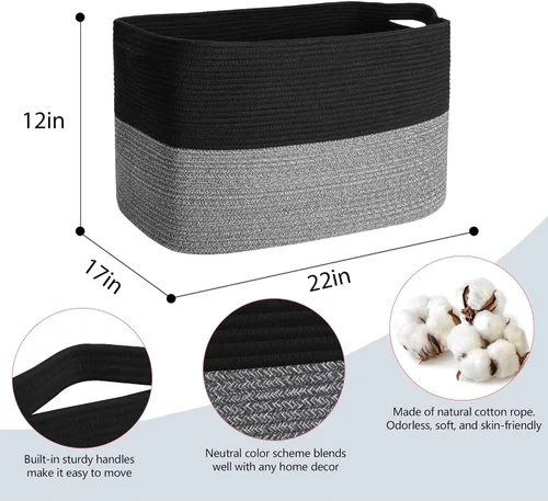 Miniatura 2 de MEGASKET Cestas de almacenamiento extra grandes, cestas negras de 22 x 17 x 12 pulgadas para organizar, cesta tejida rectangular para mantas
