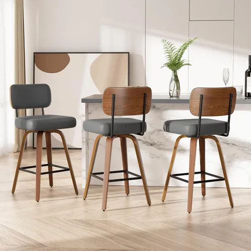 Miniatura 51 de Juego de 1 taburete de bar giratorio, taburetes de bar tapizados de 26" de altura para encimera con respaldo de nogal y patas de madera curvada