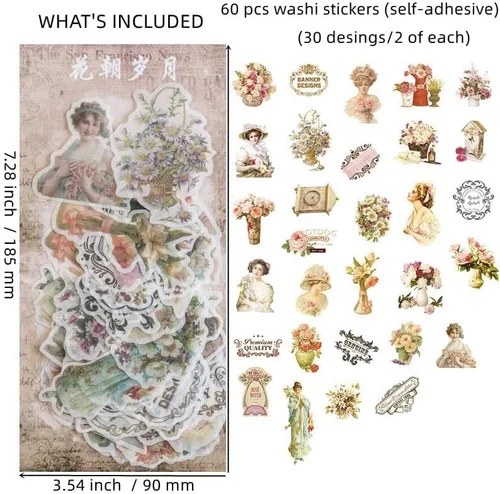 Miniatura 2 de Pegatinas para kit de álbumes de recortes, diseño de niña de flores, diario, diario, diario, suministros decorativos, 60 unidades por paquete 10