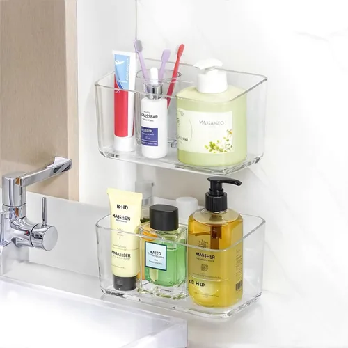 PAVSTINE Paquete de 2 estantes de ducha transparentes, estantes adhesivos para ducha de baño, organizador de ducha de baño montado en la pared,