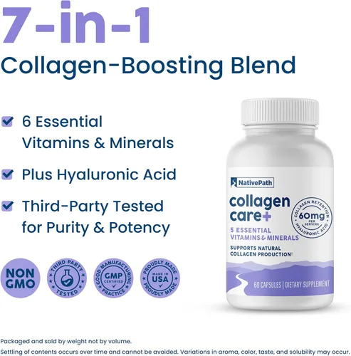 Miniatura 3 de NativePath Collagen Care+, mezcla de 5 vitaminas con ácido hialurónico y boro que apoya el colágeno para hombres y mujeres, 60 cápsulas