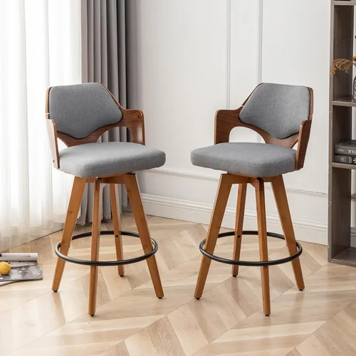 Miniatura 12 de MEKLIBA Juego de 2 taburetes de bar giratorios de altura de mostrador, silla de bar tapizada con patas de bambú, taburetes de mostrador con respaldo