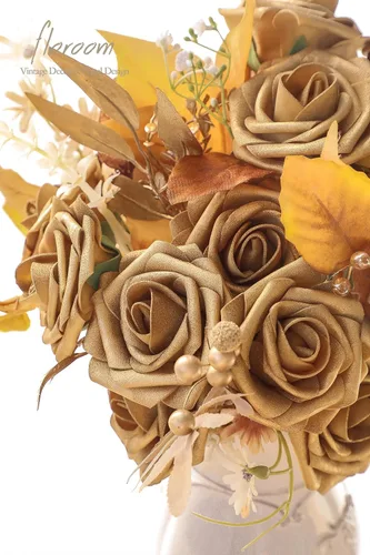 Miniatura 3 de Floroom Flores artificiales, 25 piezas de rosas falsas de espuma dorada antigua de aspecto real con tallos para ramos de boda DIY, centros de mesa