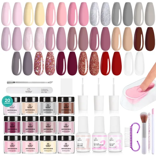 Miniatura 16 de Beetles - Kit de iniciación de uñas en polvo de inmersión, 20 colores, pastel, nude, azul, rosa, purpurina, 36 piezas, juego de polvos de inmersión