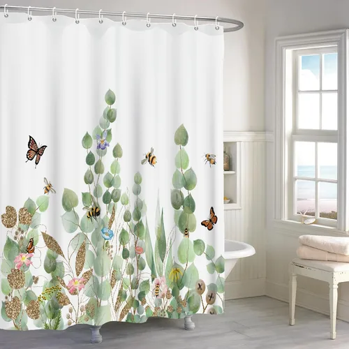 Miniatura 9 de Renaiss Cortina de Ducha de Cascada de Bosque de 72x72 Pulgadas Árbol Verde Agua Lago Selva Tropical Bosque Ventana de Madera Blanca Paisaje Natural