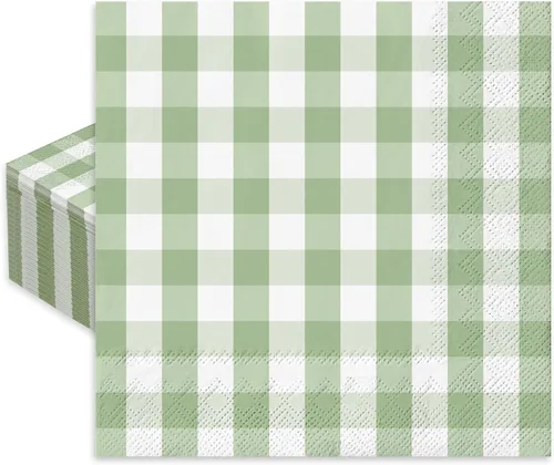 Whaline Servilleta de papel a cuadros verde salvia, servilletas desechables para almuerzo, servilletas de cena para novia, ducha, suministros de