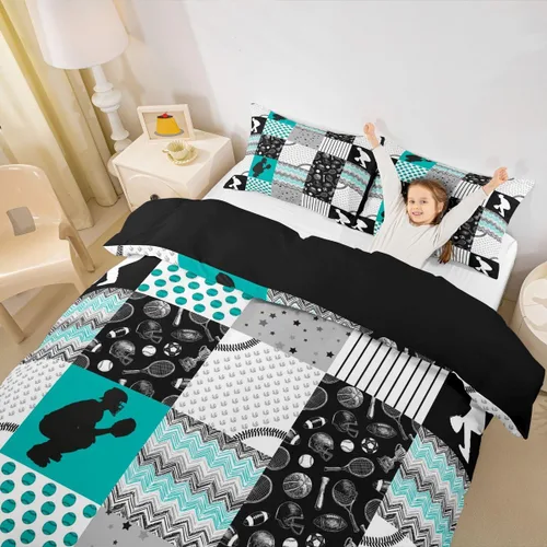 Miniatura 3 de Juego de funda de edredón de jugador de béisbol, juego de cama de cuadrícula cuadrada de béisbol para niños y niños, funda de edredón de deportes