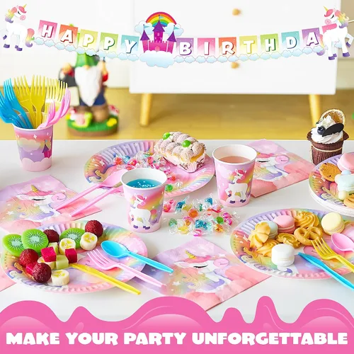 Miniatura 8 de JOYIN 145 piezas de suministros para fiesta de cumpleaños de unicornio con pancarta de unicornio para niñas, juego de vajilla desechable