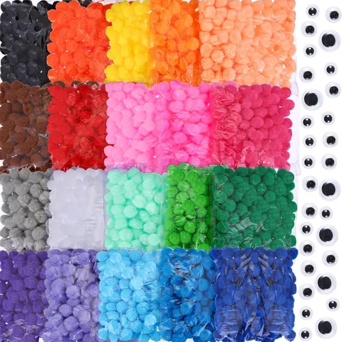 Poen - 2000 pompones para manualidades con ojos ondulados, pompones de 1 pulgada a granel, 20 colores surtidos empaquetados individualmente para