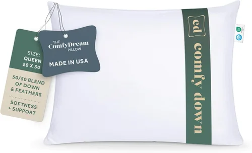 ComfyDown Almohada de cama ComfyDream de mezcla de plumas 50/50 para dormir, funda de algodón egipcio, fabricada en Estados Unidos, tamaño Queen