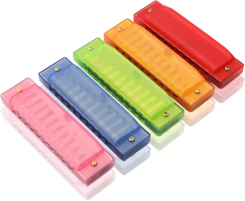 Miniatura 5 de Armónica para niños, armónica translúcida de 10 agujeros con estuche, paquete de 5 juguetes musicales educativos para principiantes, recuerdos