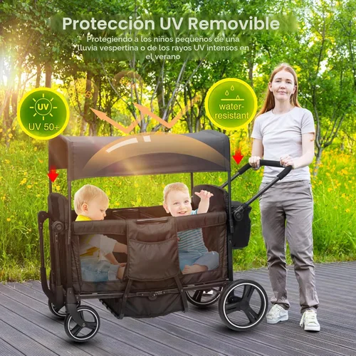 Miniatura 4 de Voupou - Vagón con cochecito para 2, 3, 4 niños, 4 plazas, todo terreno, tándem, vagón para bebés, plegable, ligero, con arnés de 5 puntos, toldo