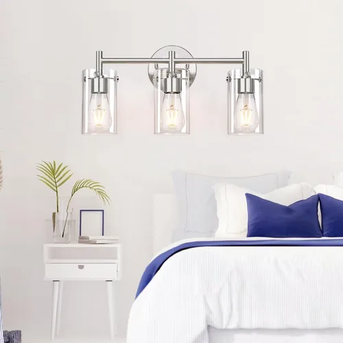 Miniatura 8 de 2023 Mejora 3 luces para tocador de baño de níquel cepillado, pantalla de vidrio transparente, apliques de pared para espejo, dormitorio, sala