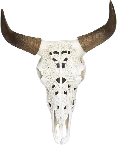 Miniatura 9 de OTARTU Escultura para colgar en la pared, diseño tribal negro, diseño tallado con calavera de buey de 19 pulgadas, arte de decoración de pared