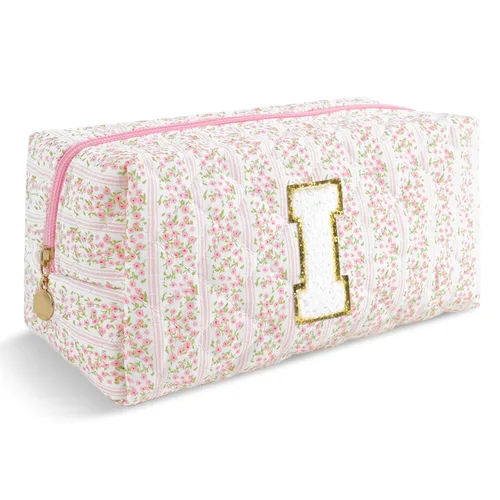 Miniatura 76 de Pequeña bolsa de maquillaje personalizada con inicial A-Z Preppy Patch, bolsa de cosméticos de viaje de felpilla blanca con cremallera, bonita bolsa