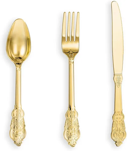 N9R 120 cubiertos de plástico dorados, cubiertos desechables que incluyen 40 tenedores, 40 cucharas, 40 cuchillos, juego de cubiertos dorados