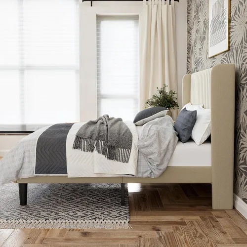 Miniatura 4 de GOLDORO Base de cama tapizada de tamaño matrimonial con cabecera de ala capitonada de canal vertical, soporte de listones de madera, no necesita