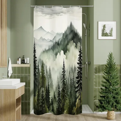 Miniatura 12 de Litabel - Cortina de ducha negra pequeña de 36 x 72 pulgadas, diseño de bosque de pino neblinoso, cortinas de ducha estrechas de medio