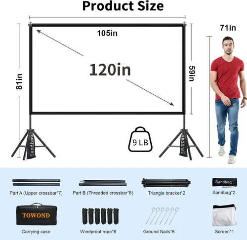 Miniatura 5 de TOWOND Pantalla de Proyector con Soporte, 120 pulgadas Pantalla de Proyector Interior Exterior Portátil 16:9 4K HD Pantalla de Proyección Trasera
