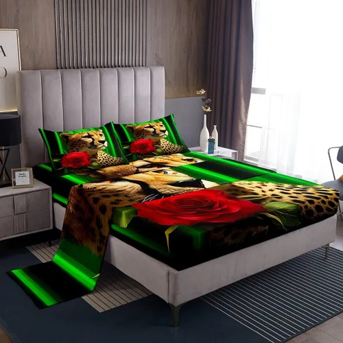 Miniatura 29 de Erosebridal Sábanas de cama de guepardo con rosa roja, juego de sábanas de bolsillo profundo con estampado de leopardo y gato, sábana bajera