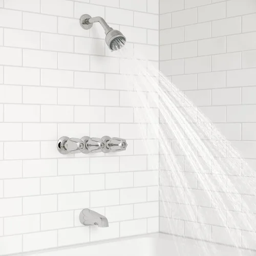 Miniatura 7 de Pfister Grifo de bañera y ducha de 3 manijas con manijas de metal en cromo pulido
