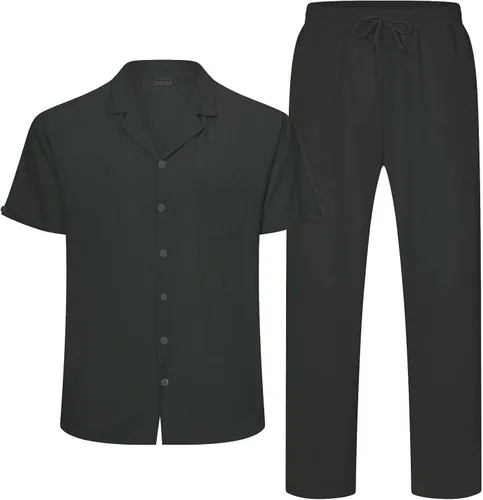 Miniatura 12 de RPOVIG Conjunto de camisa de lino y pantalones: conjuntos de lino de 2 piezas para hombre, camisas de manga corta, pantalones de yoga, trajes