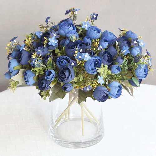Efavormart - Paquete de 4 arreglos florales artificiales de seda de 12 pulgadas, color azul marino, ramos florales de ranúnculo sintético