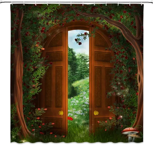 Miniatura 3 de Cortina de ducha con diseño de bosque verde, puerta de madera, jardín, árbol, casa, cuento de hadas, paisaje natural, baño, ganchos de tela