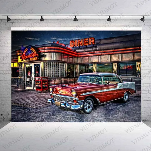 Miniatura 2 de Telón de Fondo de Rock Roll de los 50s para Diner 1950s Coche Vintage Retro Nostalgia para Fotografía 2.74x1.83m Accesorios para Estudio de Fotos