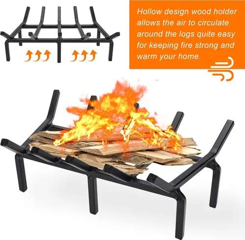 Miniatura 4 de Rejilla de chimenea de 17 pulgadas, rejilla de fuego de acero sólido resistente para hoguera, estante de leña de madera, soporte para estufa de leña