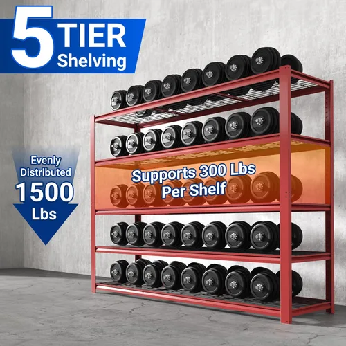 Miniatura 5 de FLEXIMOUNTS Estantería de Garaje de 60" de Ancho, Estantes de Almacenamiento de 5 Niveles Carga 1500LBS, Estantería de Garaje Ajustable Resistente