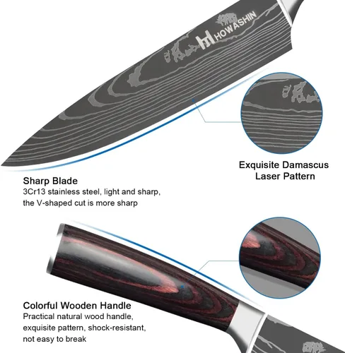 Miniatura 5 de Juego de cuchillos de cocina de acero inoxidable alemán, 3 piezas, cuchillo de chef de alto carbono, mango ergonómico de madera