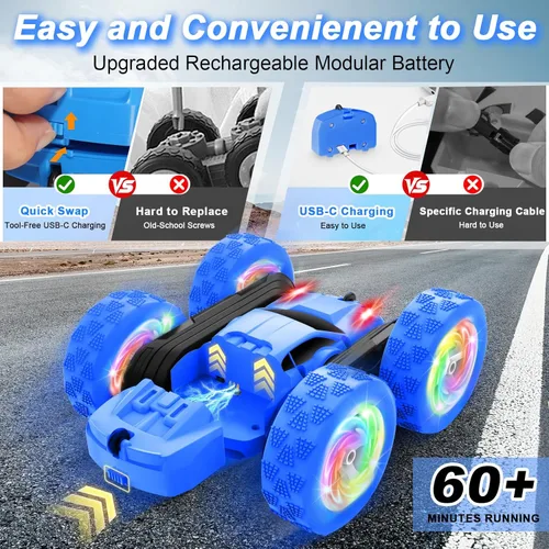 Miniatura 2 de Coche de control remoto, juguetes al aire libre RC para niños de 6 a 12 años, vehículo de acrobacias doble cara 4WD con baterías modulares USB-C Azul