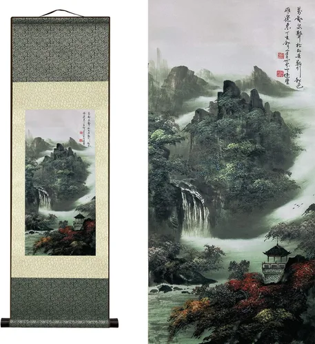 AtfArt Decoración asiática de pared, hermosa pintura de pergamino de seda del paisaje del río de la cascada - Montaña, primavera, otoño, color