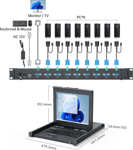 Miniatura 4 de MT-Viki Conmutador KVM de montaje en rack de 17" VGA 8 puertos, monitor de montaje en rack KVM Fit 1U 19'' Rack, 23.622-31.496 in (23.6~31.8'')