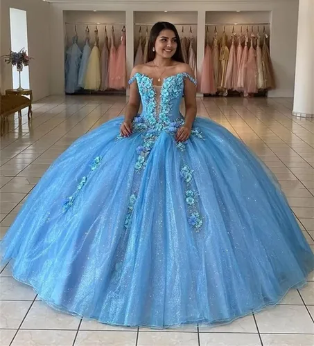 Miniatura 3 de Mauuwy Vestidos de quinceañera de tul de lujo, vestido de baile hinchado brillante dulce 16 vestidos florales fuera del hombro vestido de graduación