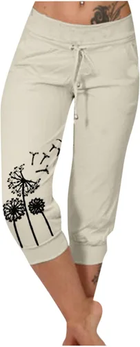 Miniatura 12 de Pantalones capri para mujer, estampado de diente de león, pantalones capri con cordón de cintura alta, elásticos, pantalones cortos de verano