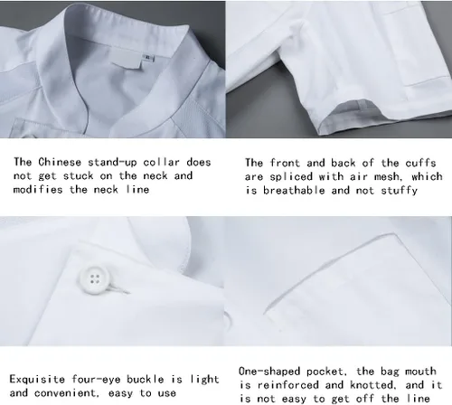 Miniatura 6 de Abrigos de chef unisex de manga corta, uniforme de chef de trabajo, con bolsillo, chaqueta de cocina con cierre de botón