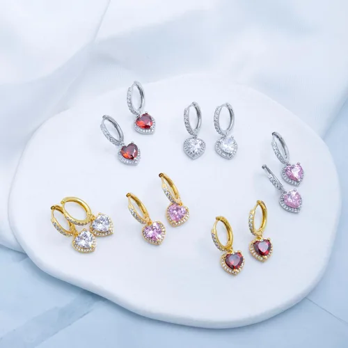 Miniatura 5 de Aretes colgantes de corazón para mujer, chapados en oro blanco, circonita cúbica de moda, hipoalergénicos, para el día de San Valentín