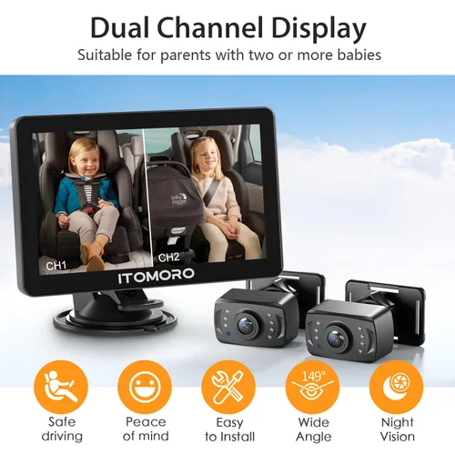 Miniatura 4 de Itomoro Espejos orientados hacia atrás, 2 cámaras de automóvil para niños, pantalla HD ultra ancha de 7 pulgadas 1080P con 2 cámaras de visión