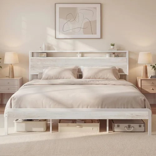 Miniatura 33 de LIKIMIO Marco de Cama King con Cabecero, Marco de Cama King de Madera Oscura con Soportes Fuertes, Resistente, Sin Ruido, No Necesita Somier, Nogal