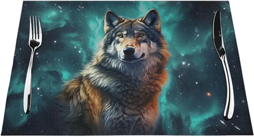 Miniatura 7 de 6 PCS PVC Placemats Set Place Mats A Wolf Stands in Front of The Starry Sky Non-Slip Weave Place Mats 12" x 18" Farmhouse Table Mat Set for Family