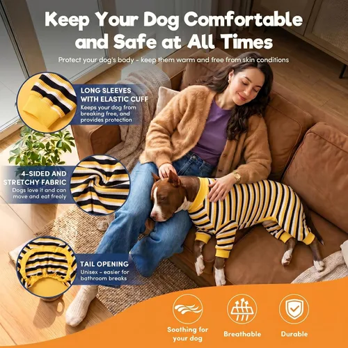 Miniatura 5 de LovinPet Pijama para perros grandes, camisa de algodón con rayas negras y amarillas, mameluco de cobertura completa para perro, pijamas