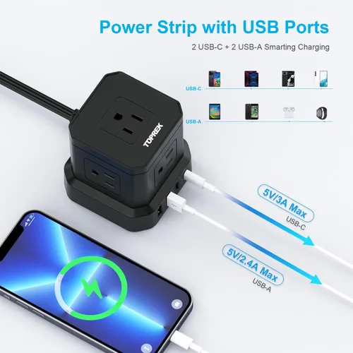 Miniatura 3 de TOPREK Regleta de alimentación con USB, USB C (3.0 A) con 5 tomas, 2 USB-C y 2 USB-A, cable de extensión plano de 5 pies con enchufe plano Negro-5FT