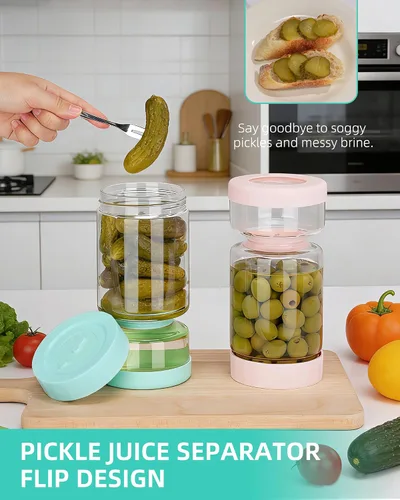 Miniatura 5 de ZENS Tarro de Pepinillos con Colador Abatible, Contenedor Separador de Jugo de Pepinillos de 37 oz en Forma de Arena, Tapa Hermética y a Prueba