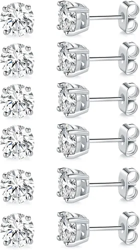 Miniatura 37 de Aretes de tuerca chapados en oro blanco de 18 quilates de 3 a 0.315 in con circonita cúbica redonda, paquete de 6 pares